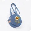 sunflower embroidery round denim bag from old jeans, playful and youthful design, adorable accessory, perfect gift for friends and family