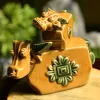 tượng trâu gốm sành màu vàng & xanh lá, bst mẹ con trâu, hceramic, chus