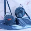 denim round bag from recycled jeans, size 18, unique and eye-catching design, compact size, modern style, perfect accent for outfits