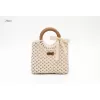 macrame handbag, wooden handle, simple and elegant design, subtle color palette, feminine accent for outfits, suitable for various occasions