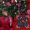floral passion silk scarf, black patterned silk scarf, embroidered flower silk scarf, feminine style scarf, exclusive design scarf