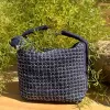 “bình” sashiko embroidery linen bag, navy blue, soft and durable fabric, adjustable strap length, versatile carrying styles