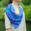 khăn lụa satin con mèo, nền xanh, khăn lụa in hình mèo, khăn lụa họa tiết, khăn lụa bandana, khăn choàng thời trang