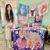 khăn lụa satin con mèo, nền xanh, khăn lụa in hình mèo, khăn lụa họa tiết, khăn lụa bandana, khăn choàng thời trang