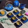 Ocean Blue Fire-Glazed Ceramic Tea Set With Bead Decor (6 Items), Beaded Ceramic Teapot, Bat Trang Ceramics, Flower Inner Cup, Vietnamese Gifts