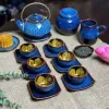 Ocean Blue Fire-Glazed Ceramic Tea Set With Bead Decor (6 Items), Beaded Ceramic Teapot, Bat Trang Ceramics, Flower Inner Cup, Vietnamese Gifts