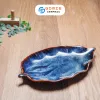 Ocean Blue Fire-Glazed Grape Leaf Plate, 29 x 14cm, Bat Trang Ceramics, Uniquely Designed Ceramic Plate, Fire-Glazed Ceramic Dish, Kitchen Utensils