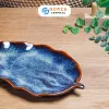 Ocean Blue Fire-Glazed Grape Leaf Plate, 29 x 14cm, Bat Trang Ceramics, Uniquely Designed Ceramic Plate, Fire-Glazed Ceramic Dish, Kitchen Utensils