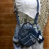 Túi hộp tròn mini màu xanh được làm từ jeans tái chế, phụ kiện tiện lợi với nét đẹp độc đáo làm quà sinh nhật thủ công ý nghĩa