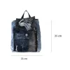 Sparkling mini backpack repurposed from old jeans creates signature piece for sustainable fashion enthusiasts, featuring unique drawstring design as distinctive fashion accessory and creative birthday gift.