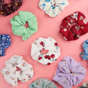 random recycled scrunchies, cute patterns, for hair tying or wrist accessories, perfect gift for sweet and feminine girls