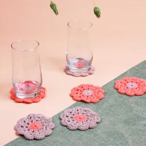 bộ 6 lót ly len hoa, đường kính 8-10cm, màu nâu be và cam, chất liệu len cotton, hạn chế bị xù, sản phẩm thủ công