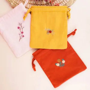 mini linen drawstring bag, charming embroidered flower pattern, various lovely colors, soft and durable linen fabric
