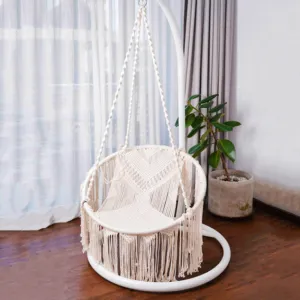macrame swinging chair, resistant to warping, high durability, termite resistant, elegant cream white color, home decoration
