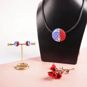 red & blue clay necklace & earrings, small round shapes, clay material, high durability, traditional and classic style