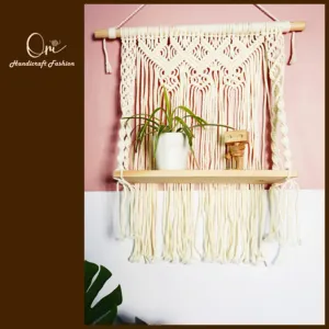 kệ treo tường macrame một tầng, gỗ thông tự nhiên, hoạ tiết thắt nút từ cotton cao cấp, tiết kiệm không gian, điểm nhấn xinh xắn cho căn nhà