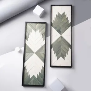 set 2 tranh gỗ treo tường, tông trắng và xanh lá, thiết kế tinh tế, phù hợp với nhiều phong cách nội thất, điểm nhấn ấn tượng cho không gian