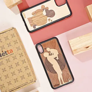 father & child wooden phone case, affectionate pattern, beautiful natural wood grain, maximum phone protection from impacts