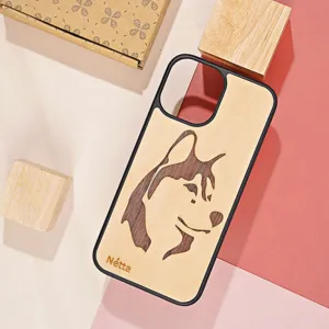 ốp lưng gỗ chó husky, thiết kế tối giản, viền cao su dẻo bền, chống sốc tối ưu, phụ kiện điện thoại độc đáo