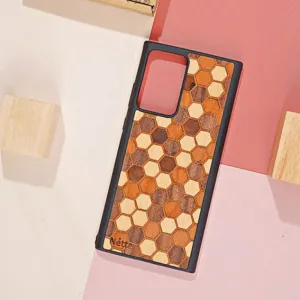 beehive wooden phone cases, unique design, contrasting colors from different wood types, natural wood material, color-fast over time