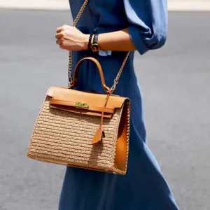 knitted bag with leather padlock, woven straw with leather trim material, subtle brown tone, modern young design, suitable for every outfit