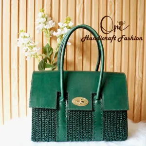 knitted bag with leather in mallard green, rattan material, unique design, youthful and modern color, versatile with many different styles