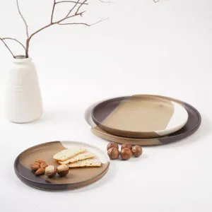 bộ 3 đĩa tròn dẹt phối nâu cà phê, gốm đông gia, chus
