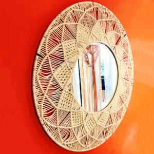 sunflower macrame wall mirror, large-sized mirror, intricately woven details, adding artistic touch to the home