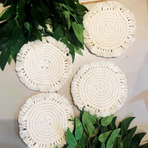 macrame coaster, excellent absorbency, easy to clean and maintain, minimalist and elegant design, decorative accent for dining table