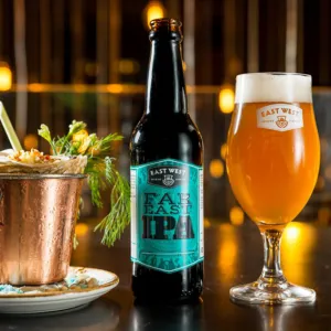far east ipa beer bottle, craft beer, premium handcrafted beer, carefully selected ingredients, unique brewing formula, bold flavor