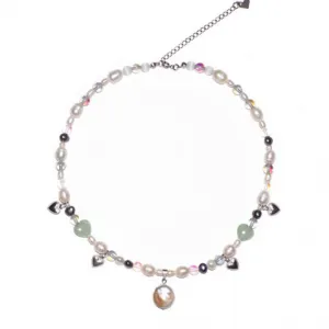 silver pearl necklace, classic beauty, sparkling colors of various stones, handmade necklace, unique design