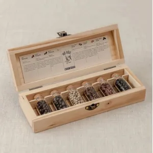 set of 6 flavors peppercorn, clamshell wooden box, natural black pepper, food gift set, phu quoc pepper, king pepper spice set