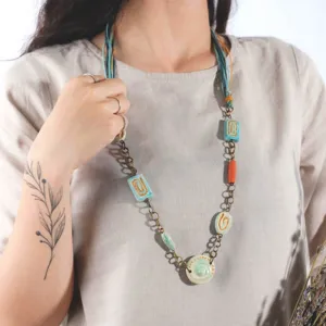 ceramic beads long necklace, intriguing spiral pattern, brass clasp, colorful cord, exquisite fashion accessory