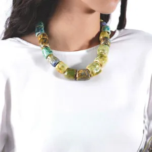 green bamboo joint necklace, made of glazed ceramic, various shades of green ceramic beads, eye-catching gradient colors