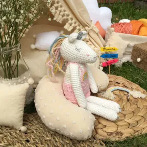 crochet unicorn rattle toy, fabric unicorn plush, unicorn plush toy, pink woolen unicorn, gift for kids