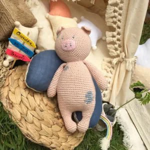 crochet pig rattle toy, soft woolen toy, pig plush with bell, pig stuffed animal, handmade woolen keychain
