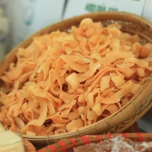 crunchy dried coconut, ginger flavored, specialty of ben tre, ben tre coconut chips, crispy coconut snacks, coconut snacks, gift for friends