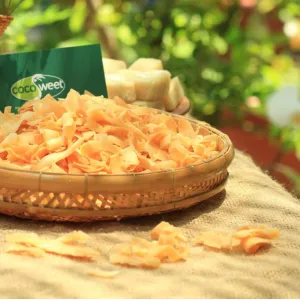 crunchy dried coconut, chili and garlic flavored, garlic chili coconut chips, premium crispy coconut snacks, gift for loved ones