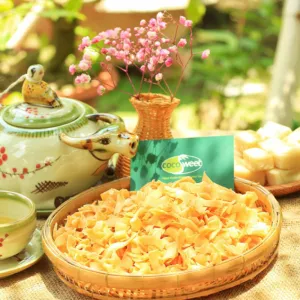 crunchy dried coconut, milk flavored, ben tre coconut chips, fragrant and creamy snacks, crispy and fragrant coconut, thinly sliced coconut