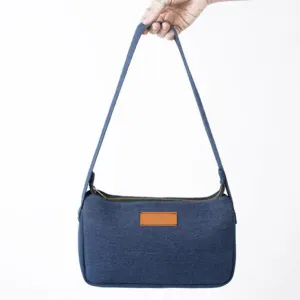 simple dark blue denim baguette shoulder bag from old jeans, minimalist design, versatile with various outfits