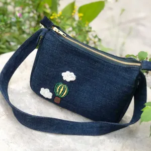 hot-air balloons embroidery denim baguette shoulder bag from old jeans, exquisite handmade accessory, cute gift for friends