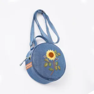 sunflower embroidery round denim bag from old jeans, playful and youthful design, adorable accessory, perfect gift for friends and family
