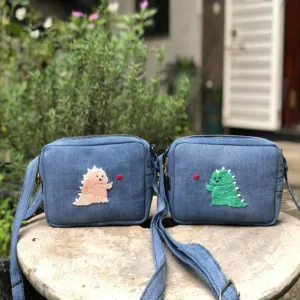 dinosaur embroidery denim box bag from old jeans, rectangular shape, spacious compartment, sturdy and upright, lovely gift for friends
