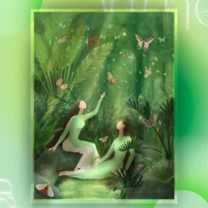 in the garden 1, tranh in kỹ thuật số trên giấy mỹ thuật, tông màu xanh lá tinh tế, nét vẽ thơ mộng và hồn nhiên