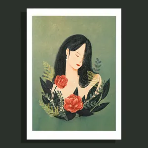 lady camellia, tranh in kỹ thuật số trên giấy mỹ thuật, nét vẽ lãng mạn, tranh trang trí bàn làm việc, kệ sách