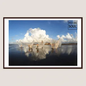 “sky fishing” photograph, the lively scene of fishermen catching fish, showcasing the beauty of nature and traditional craft villages