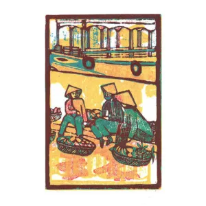 3 ladies by the river, woodcut artprint, depicts simple life, digital printing art, vietnamese landscape