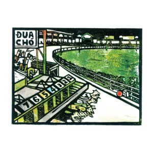 dog races in vung tau, woodcut artprint, green theme dominance, decorative paintings, premium paper material