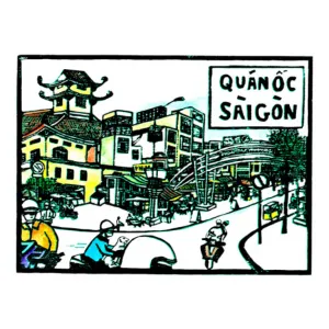 saigon seafood street vendor, woodcut artprint, depicting the familiar streets of saigon, decorative paintings