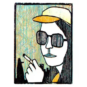 smoking girl, woodcut artprint, combining impressive colors, evoking a fresh sensation, colorfast